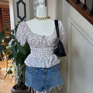 Cottagecore Floral Puff Sleeve Lace Trim Peplum Top ✨